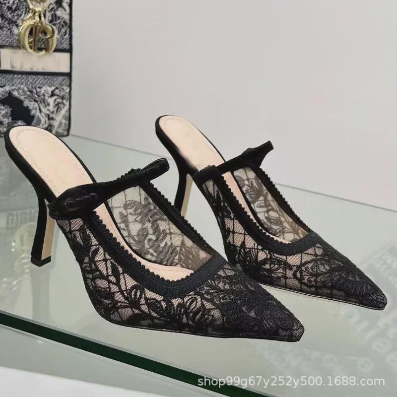 D2024 Весенние кружевные сетчатые туфли на плоской подошве с острым носком: Сандалии с ремешком сзади в стиле феи для женщин