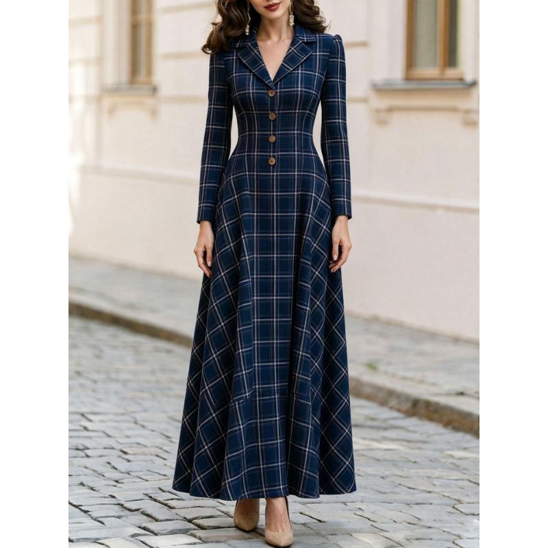 Women S Plaid Suit Style Long Sleeve Long Dress For Commute
