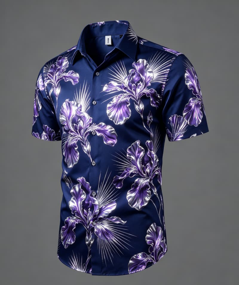 Men's Metallic Floral Print Short Sleeved shirt, Suitable For Summer wear, Evening activities, And Versatile Luxury Style