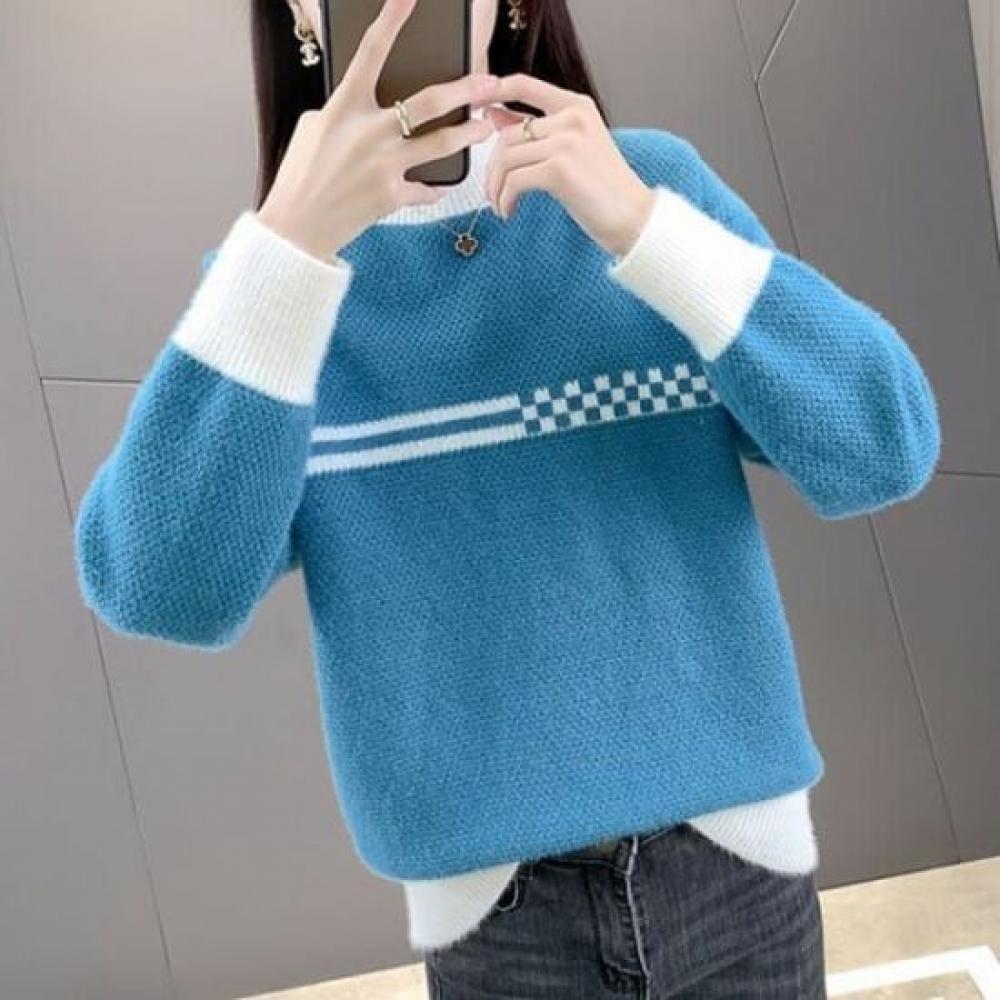 Navava Women Warm Color Block Half Turtleneck Long Sleeve Knit Nk3424