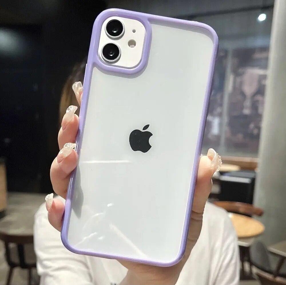 Противоударный прозрачный чехол для телефона с цветным бампером для iPhone 15 14 13 12 Mini 11 Pro Max XR X XS 8 7 Plus SE2022, прозрачная задняя крышка