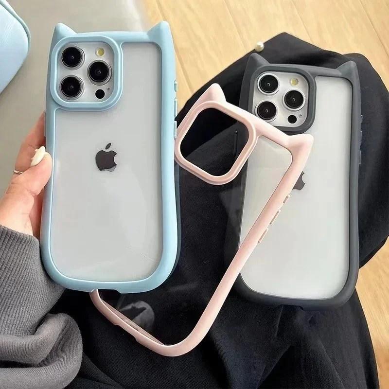 Soft Silicone Cute Cat Ear Phone Case For iPhone 11 12 13 14 15 Pro Max Transparent Shockproof Hard Acrylic Bumper Back Cover