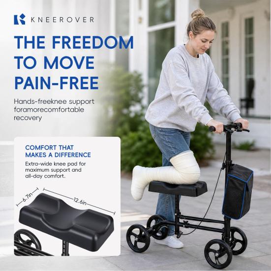 Adjustable Knee Walker Portable Scooter with Hand Brake, Foldable Lightweight Leg Comfortable Mobility Device for Foot & Ankle Injuries, Crutch