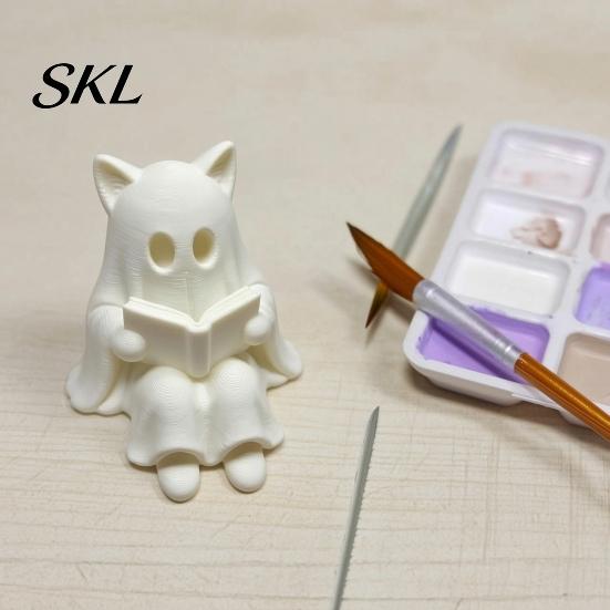 Whimsical Cat Statue 3D Printed Ghost Figurine with Book, Spooky Shelf Sitter Ornament for Halloween Home Decor Decor, Cute Reading Desk Bookshelf