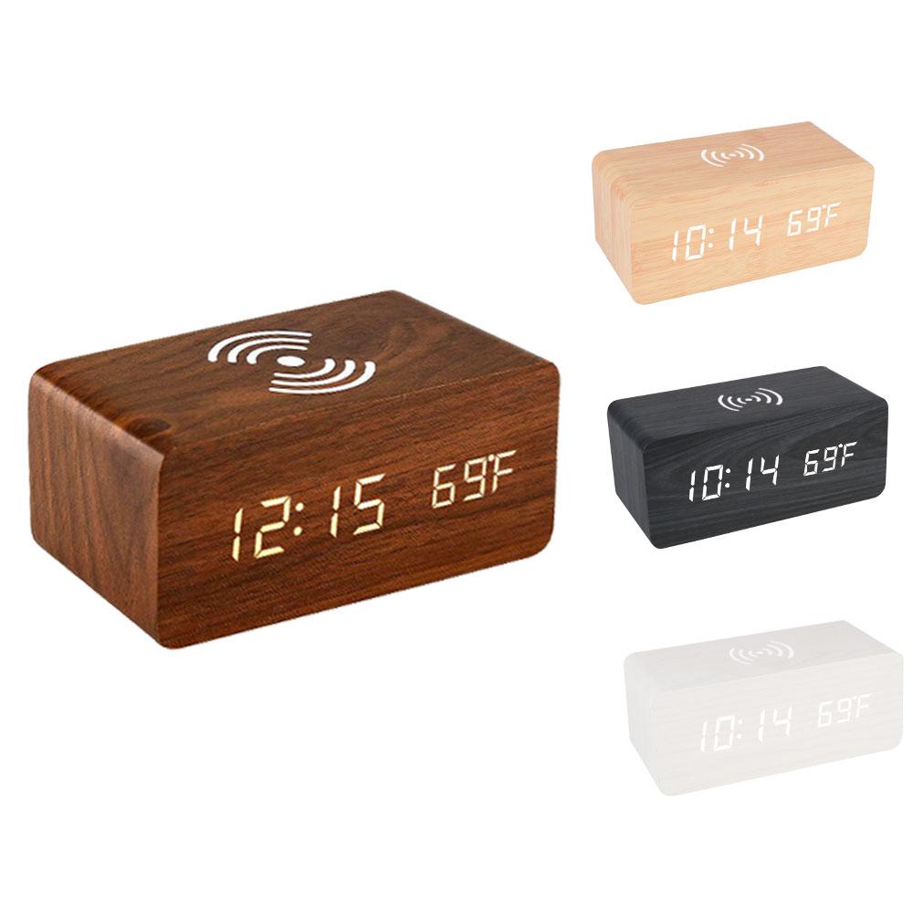 Desk Table Clocks Wooden Digital Alarm Clock Wooden Desk Digital Clock LED Display Temperature Phone Chargers Wireless Charger
