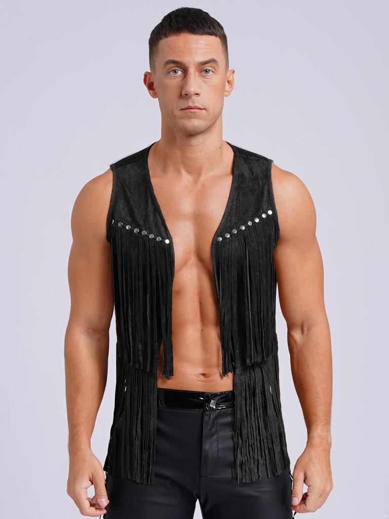 Mens Western Cowboy Vintage Faux Suede Tassel Vest Tops Open Front Rivets Fringe Waistcoat Jacket Festival Rave Party Clubwear