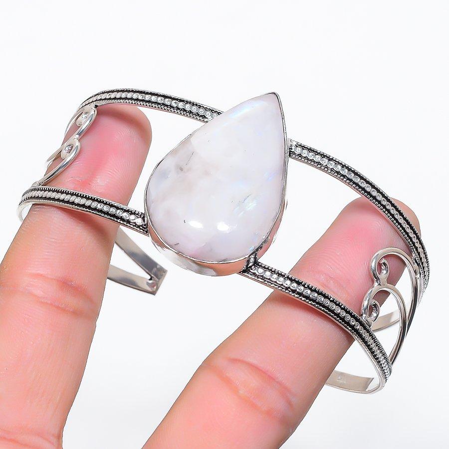 Natural Moonstone Gemstone 925 Sterling Silver Cuff Bangle Adjustable L4i37