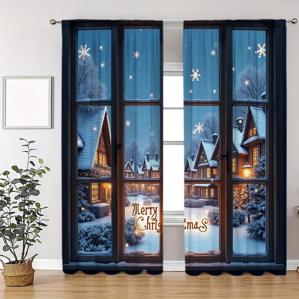2pcs Winter Night Christmas Printed Curtain for Christmas Home Decor - Rod Pocket Window Treatment for Bedroom  Office  Kitchen