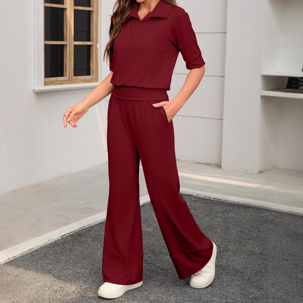  Комплект из 2 предметов. Женские повседневные брюки с короткими рукавами и лацканами, эластичные, широкие.