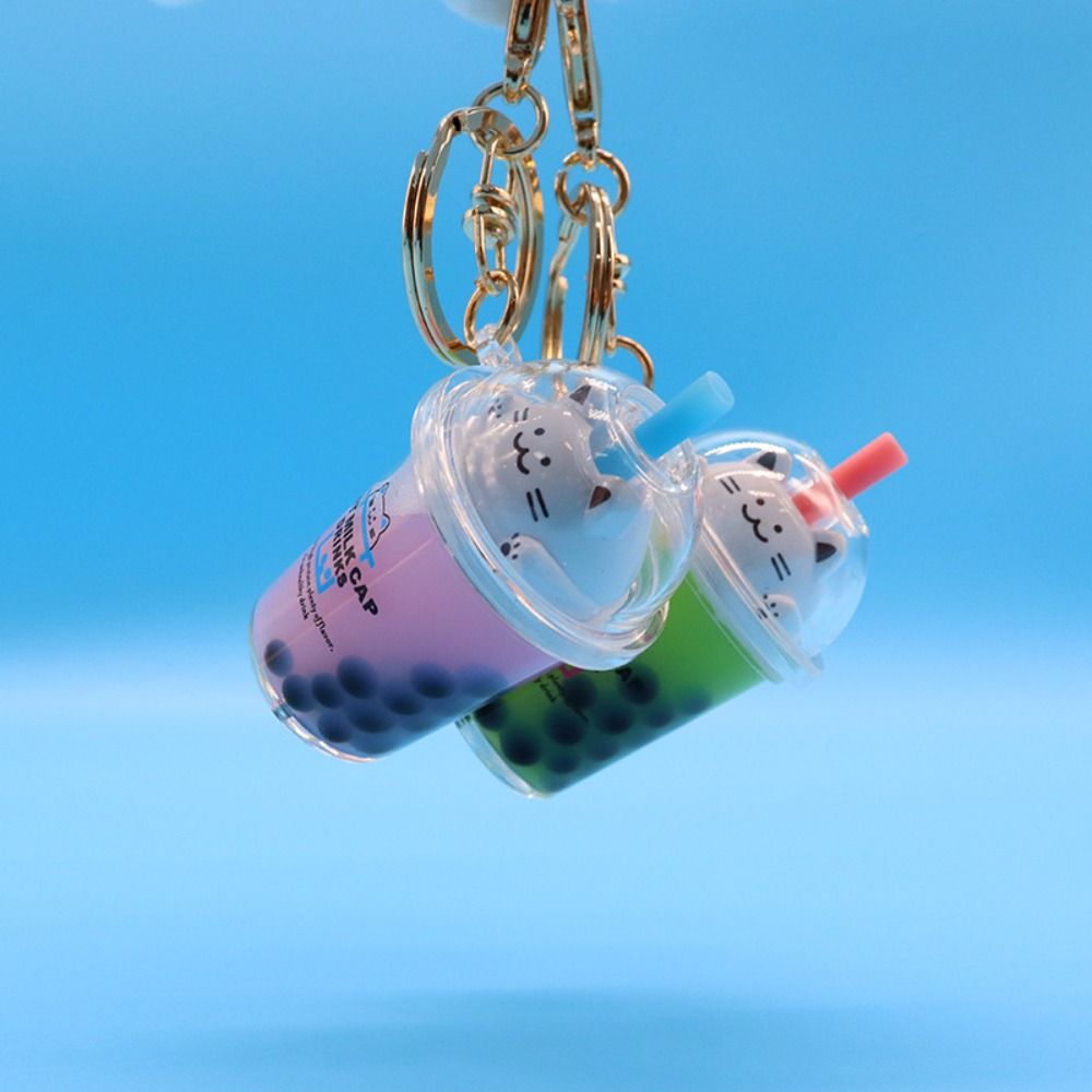 Bag Charm Cat Pearl Milk Tea Cup Keychain Key Chain Soft Drink Keyring Floating Drink Keyring