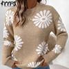 Women's Fashion Casual Fall Winter Flower Pattern Print Long Sleeve O-Neck Sweaters