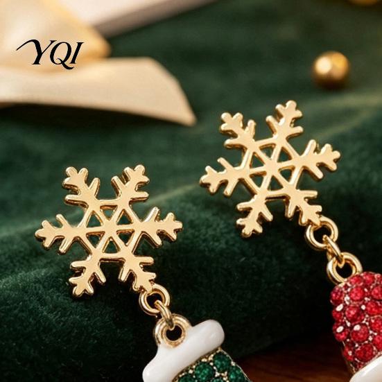 Dazzling Rhinestone Holiday Drops 1 Pair Christmas Earrings, Sparkling Snowflake Red Santa Hat Green Stocking Dangle Asymmetric Jewelry Gift for Women