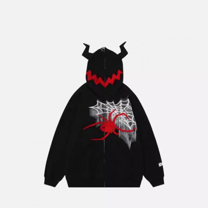 American Street Spider Horn Design Hooded Sweatshirt Loose Fit Men Women Fall Winter