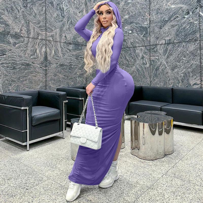 Облегающее платье макси с капюшоном и длинными рукавами, модное облегающее повседневное платье-футболка, осенне-зимнее длинное платье, черно-серое