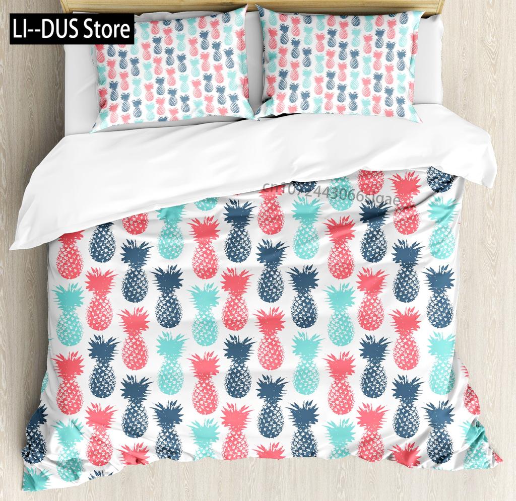 Pineapple Duvet Cover Set Tropical Theme Vintage Style Fruit Pattern Decor 3 Piece Bedding Set with 2 Pillow Shams Full Size