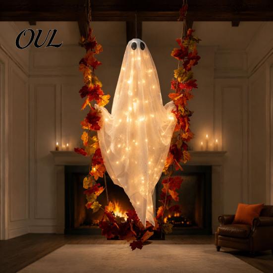 Remote Control LED Ghost Lights Swinging Outdoor Decor, Large Halloween Hanging with Maple Leaf Glowing Gauze Pendant Vine And for Tree, Porch, Yard,