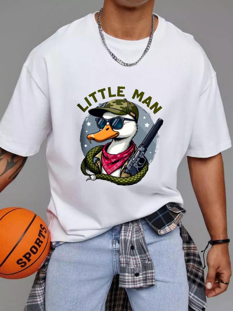Хлопковая футболка Белый Утка в шляпе и с пистолетом Графический принт Маленький человек Повседневная одежда для мужчин