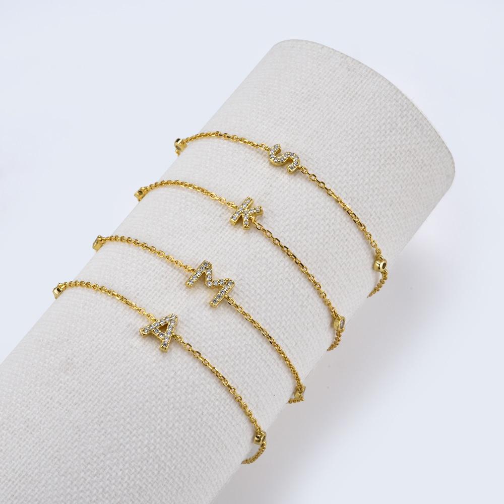 925 Sterling Silver Initial 26 Letters Alphabet Monogram Gold Name Bracelet Crystal Cz Zircon Fashionable Jewelry