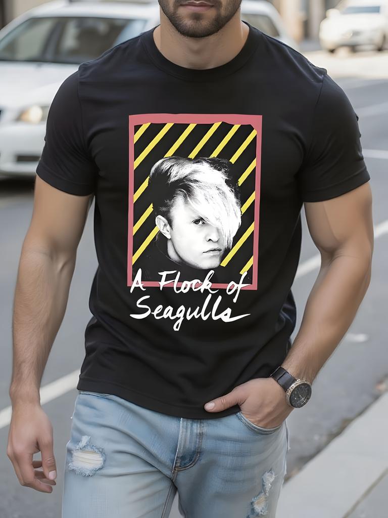 A Flock Of Seagulls Neon Logo Black Tshirt Casual Crew Neck