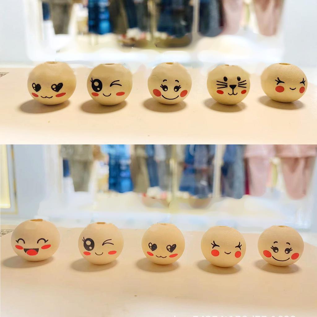 100 Pcs Wooden Beads 20mm Natural Wood Beads Wooden Ball with Face for DIY Jewellery Bracelet Necklace Craft Decoration