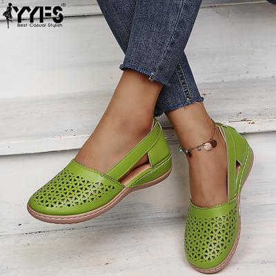 Новые туфли с отверстиями Летние европейские и американские женские туфли Круглый носок Клиновидный каблук Плоская подошва Женские сандалии