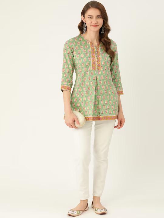 Зеленая набивная расшитая пайетками курти из чистого хлопка