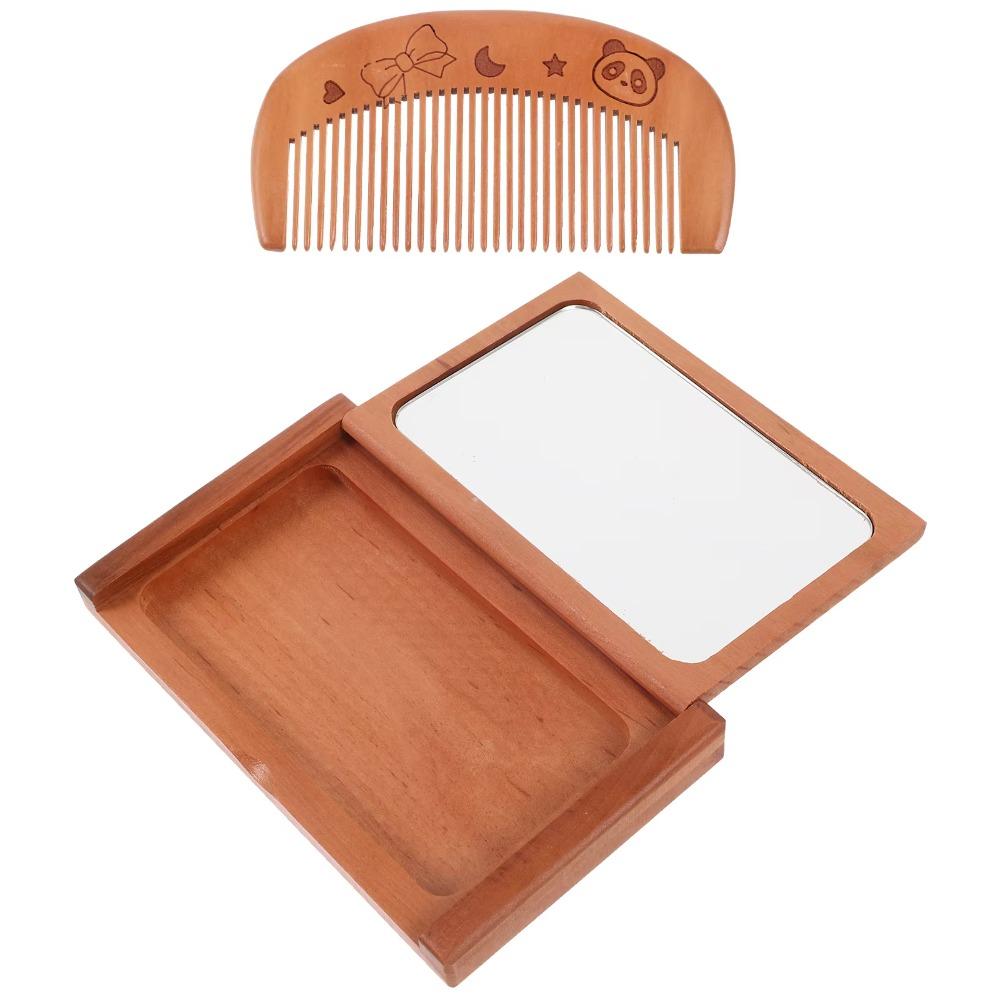 2 in 1 Wooden Comb Mirror Set Peachwood Makeup Mirror Portable Folding Mirror Travel & Home Decor