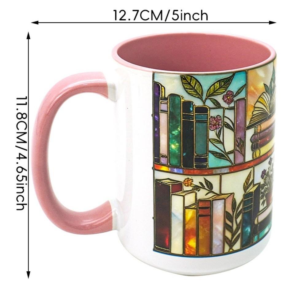 Bookshelf Pattern Flower Ceramic Milk Cup Fun Bookworm Gift Bronzing Colored Glaze Floral Ceramic Coffee Mug Nordic Pink Blue