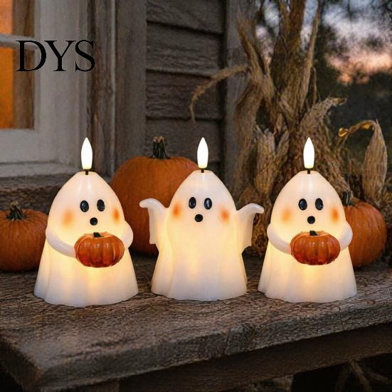Halloween Ghost Decoration Flameless Candle, Cute Holding BOO Letter Tealight, Small Desk Glow Props Battery Operated LED Flickering Light for