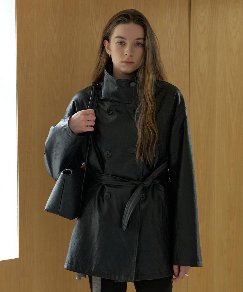 AMONG A High Neck Faux Leather Coat_Black
