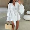 Women's Summer Shirt Dress Ruffed Long Sleeve V Neck Short Dress Chiffon A-Line Tie Waist Flowy Mini Dress