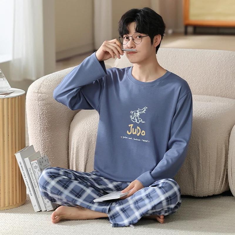 2-Piece Spring and Fall Men's Cotton Pajamas Set Boys Soft Long-Sleeved Sleep Rest Home Party Pajamas Men's Casual Homewear