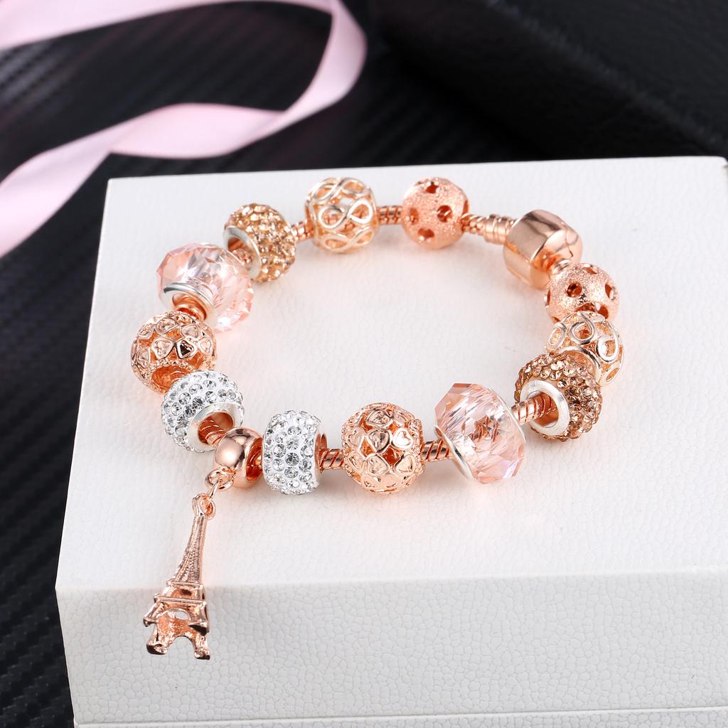 LUXY MOON Women's Fashion Bracelet New Rose Gold Crystal Glass Perforated Beaded Tower Bracelet