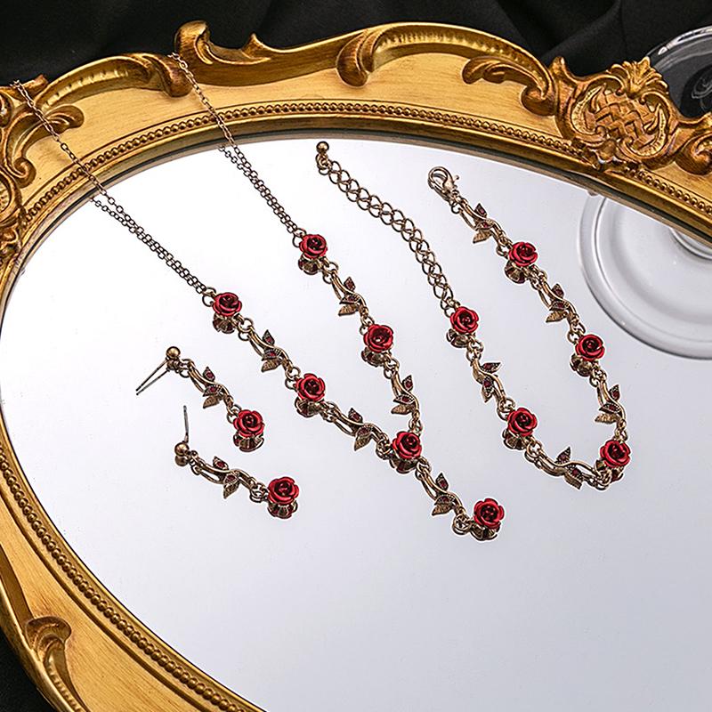 Luxurious Vintage Rose Flower Necklace Bracelet Earrings Set Elegant Women'S Party Jewelry Accessories Valentine'S Day Gift