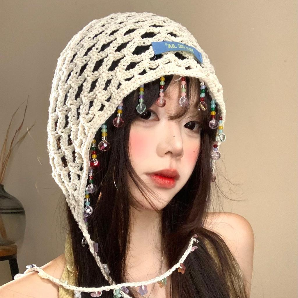 Bohemian beaded fringed pendant hollow knitted headgear women's summer travel retro ethnic style pullover hat