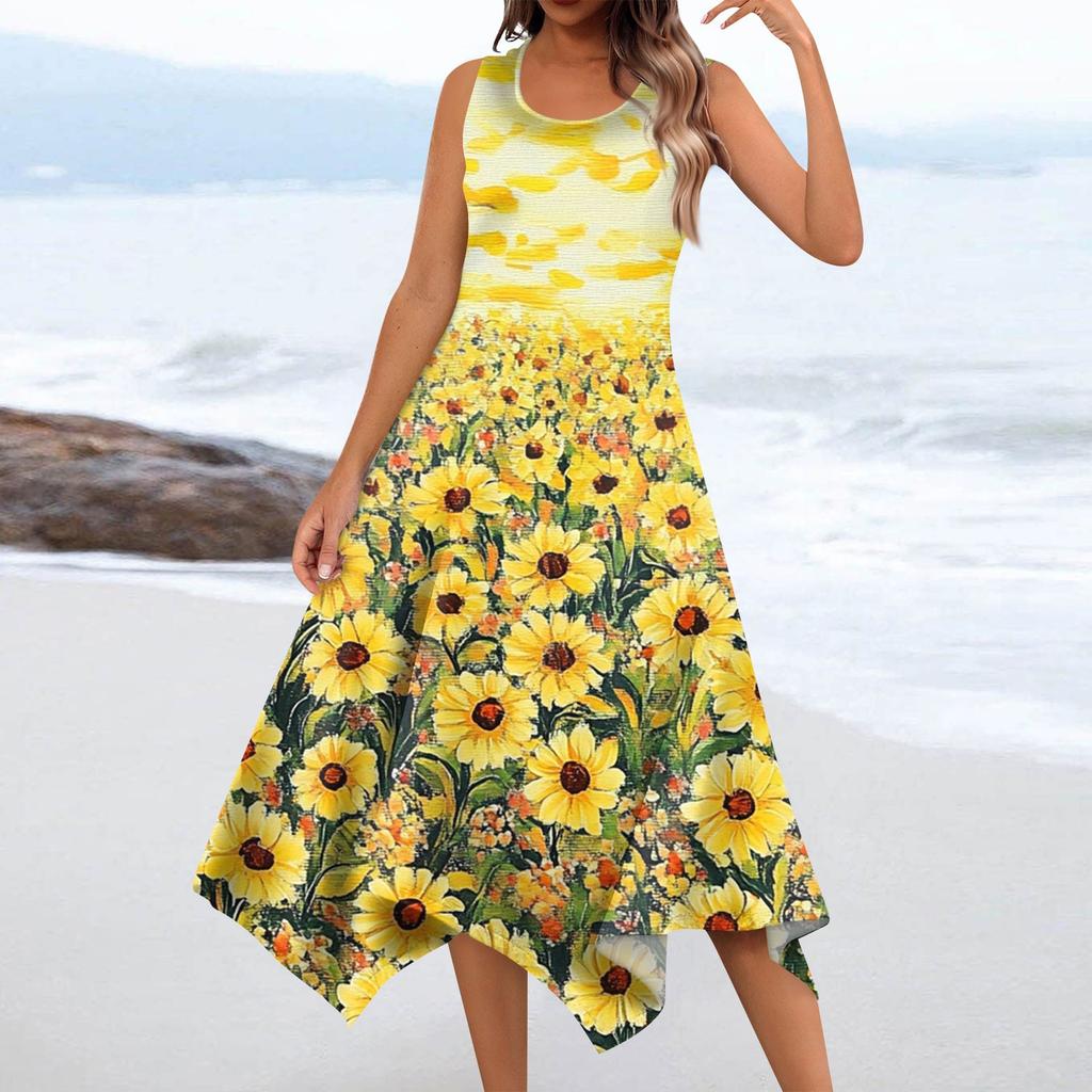 Женское повседневное модное платье миди без рукавов с круглым вырезом и цветочным принтом, нерегулярный подол