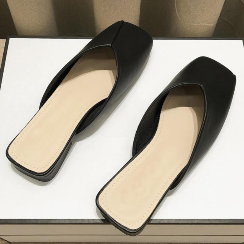 Модные женские тапочки во французском стиле для улицы и дома 2024 года, весна-лето, новые туфли на квадратном каблуке, классная мягкая кожа, однотонная универсальная обувь