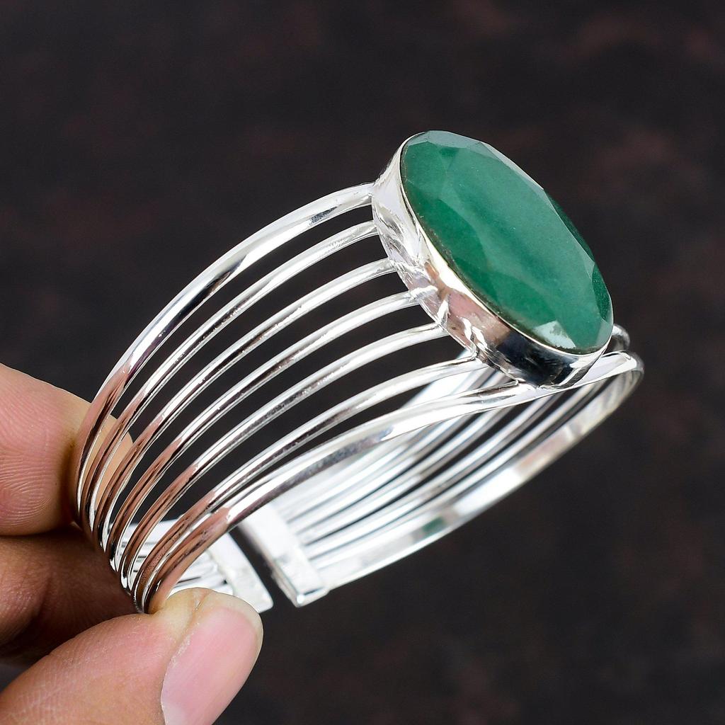 Faceted Zambian Emerald Cuff Bracelet Gemstone Bangle 925 Sterling Silver Bangle Adjustable Bangle Handmade Amazing Jewelry Gifts For Friend