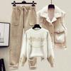 Women's Autumn and Winter Warm Suit Turtleneck Sweater + Hair Collar Cotton Vest + Tweed Casual Pants Three-piece Set