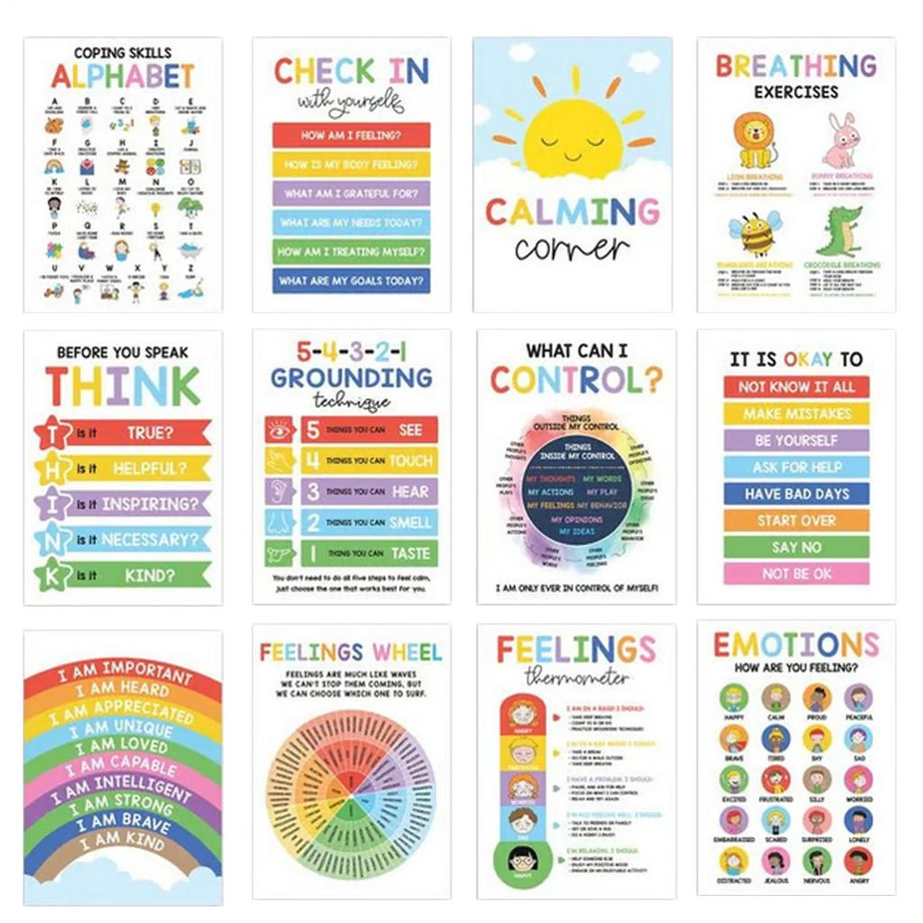 New Calming Corner Posters 12 Pieces Mental Health Posters Classroom Emotions Chart Wall Art for Daycare Library Program Space