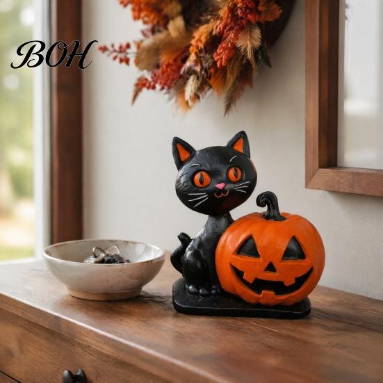 Decorative Resin Statues Halloween Black Cat Pumpkin Skull Statue, Cute Decoration for Durable Party Supplies Indoor Outdoor Yard Table Decor, Festive