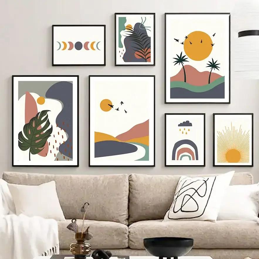 Mountain Sun Moon Tropical Leaf Plant Boho Minimalist Wall Print Canvas Painting Posters for Living Room Modern Home Decor