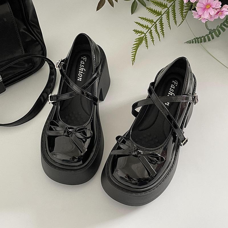 Черные туфли Мэри Джейн с круглым носком и толстой подошвой, кожаные туфли для женщин, новая летняя юбка 2025 года, французские туфли с толстым каблуком