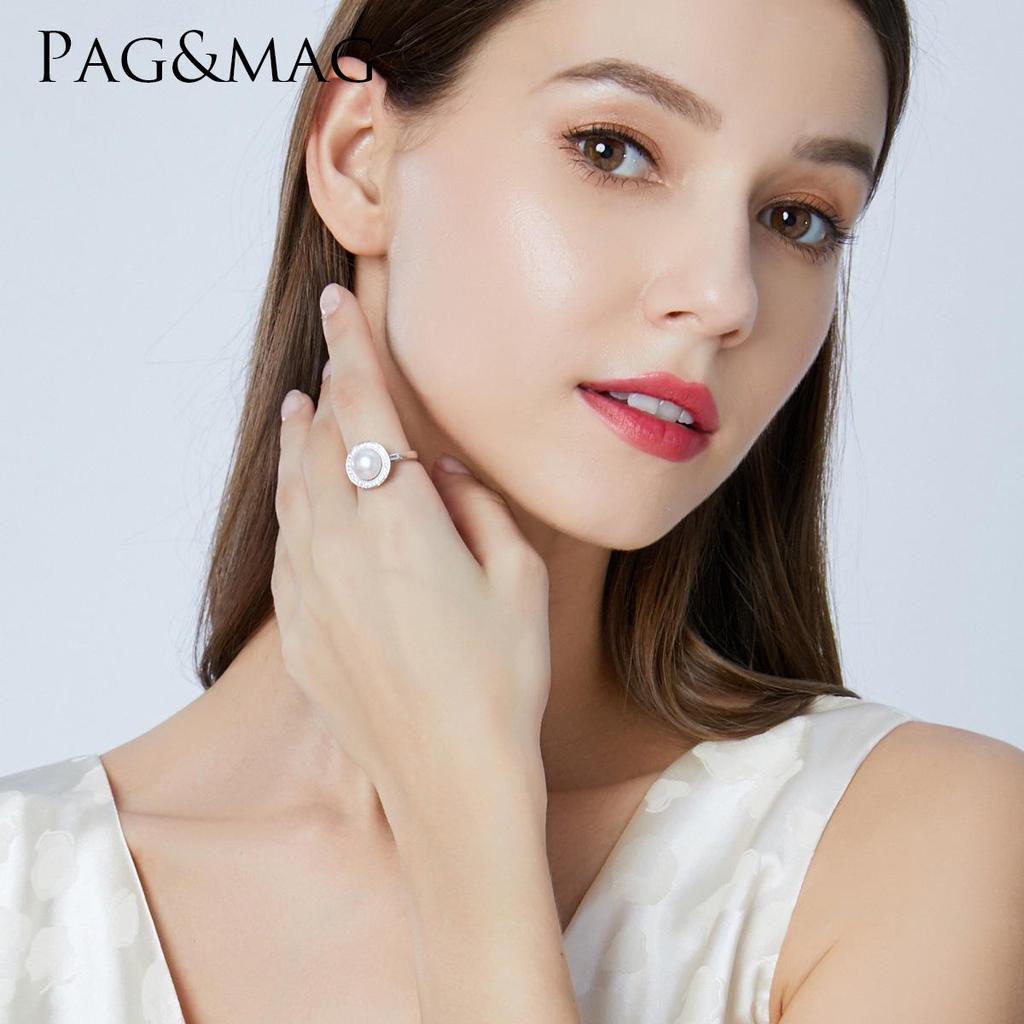 PAG&MAG Sterling Silver Pearl Ring with Micro-paved Zircon and 9-9.5mm Freshwater Pearl