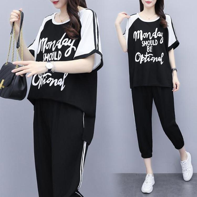 Женский свободный летний комплект одежды больших размеров, новый стиль, топы с короткими рукавами большого размера и брюки длиной семь с половиной