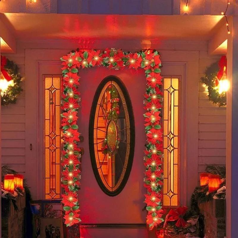 1 шт. 10/20 огней, рождественские цветы, украшения, гирлянды, гирлянды-искусственные украшения, декор для вечеринки в помещении/на открытом воздухе с красными ягодами, листьями падуба