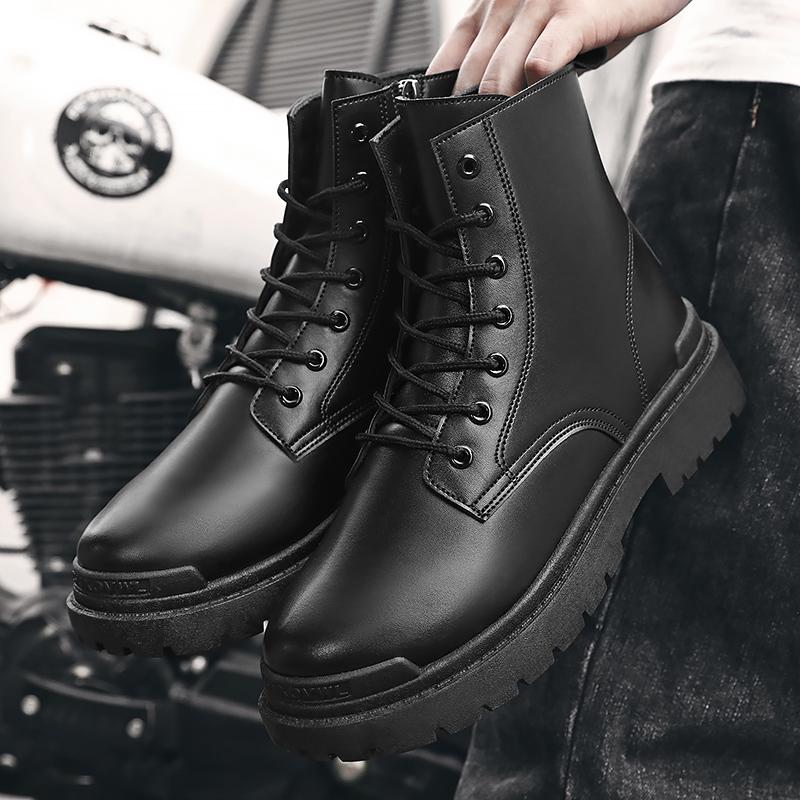 Fashion Black Men Leather Boots Winter Warm Mens Ankle Boots Outdoor High Top Casual Shoes with Fur Lace-Up Leisure Work Boots