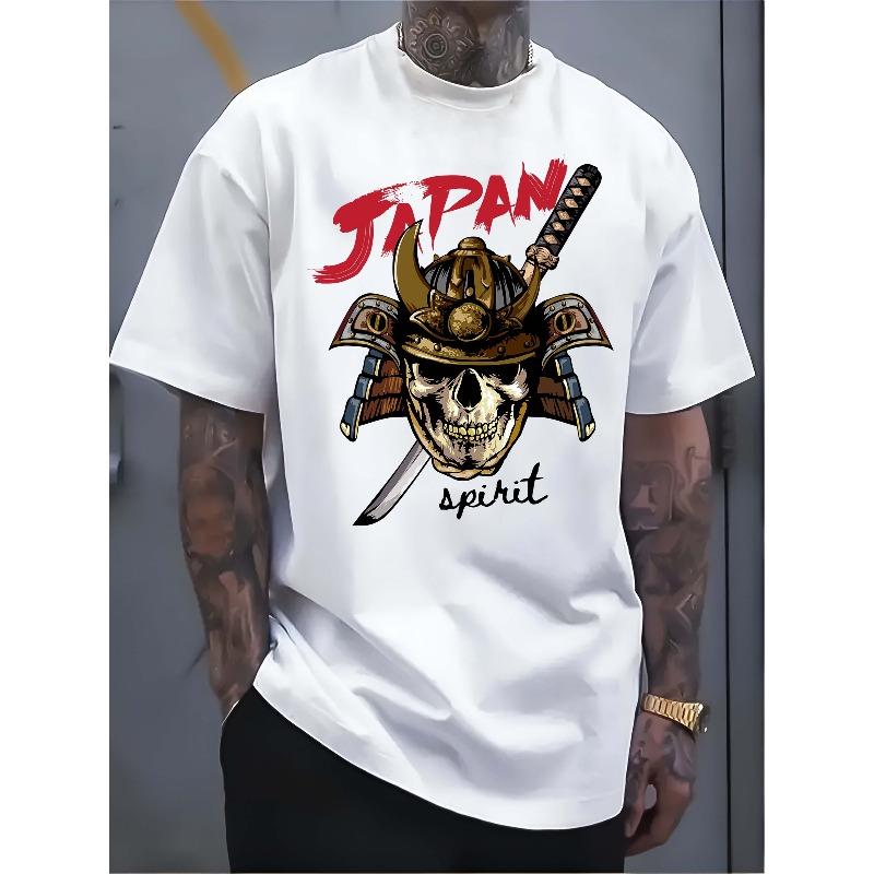 Европейские размеры Мужская белая футболка: Дух самурая: Футболка Воин со Черепом