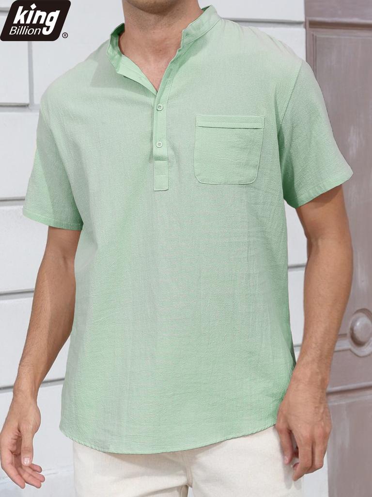 Летняя новая мужская легкая хлопково-льняная футболка с коротким рукавом и вырезом хенли - Дышащие повседневные однотонные топы, футболки базового стиля