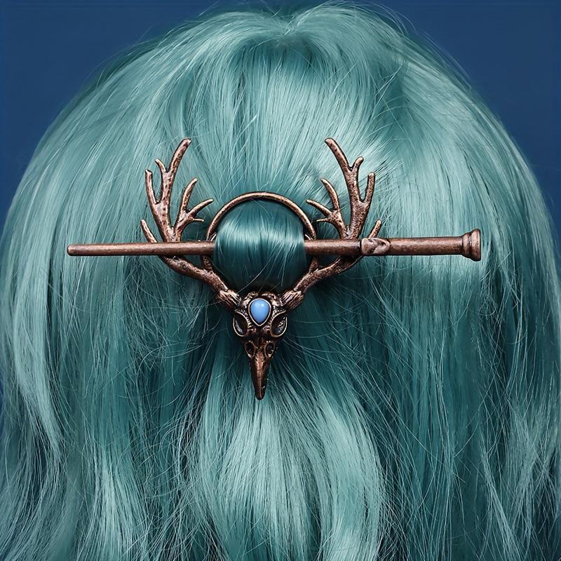 Nordic Gothic Crow Skull Antler Hairpin – Viking Headdress Halloween Hair Accessory